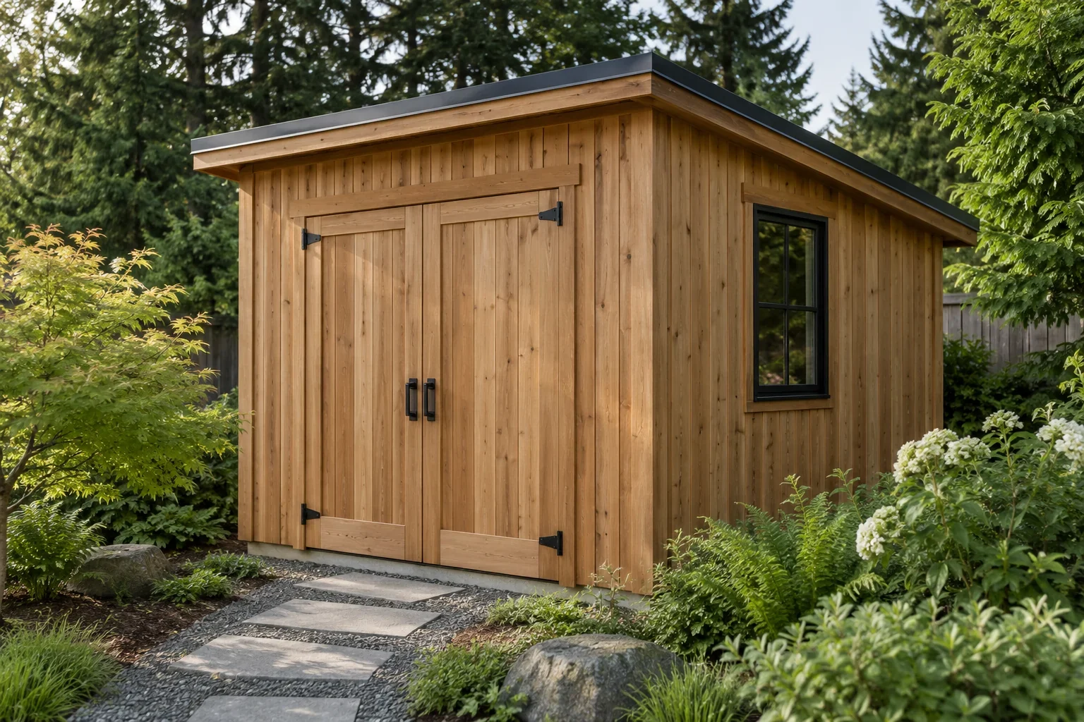 Compact cedar garden shed with a charcoal roof and a black-framed window
